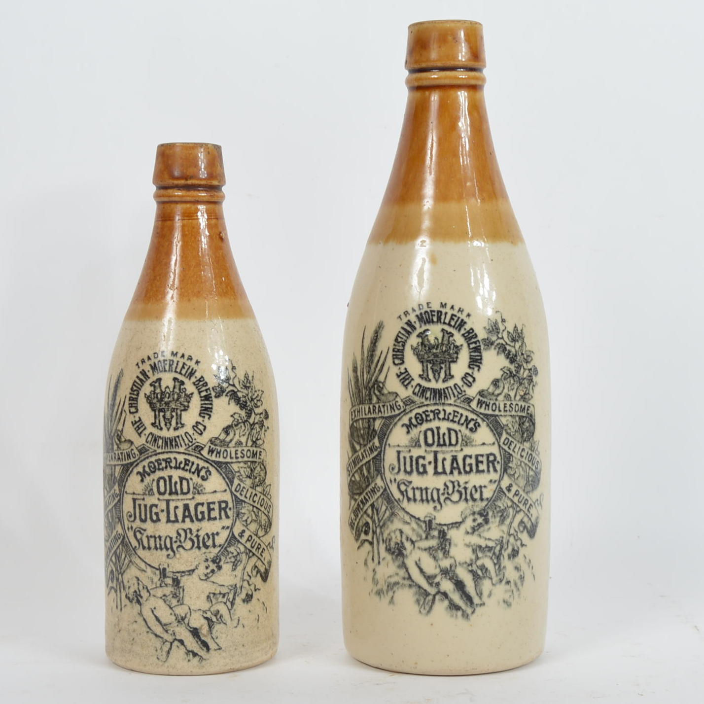 Pair of Vintage Moerlein's Old Jug Lager Earthenware Beer Bottles