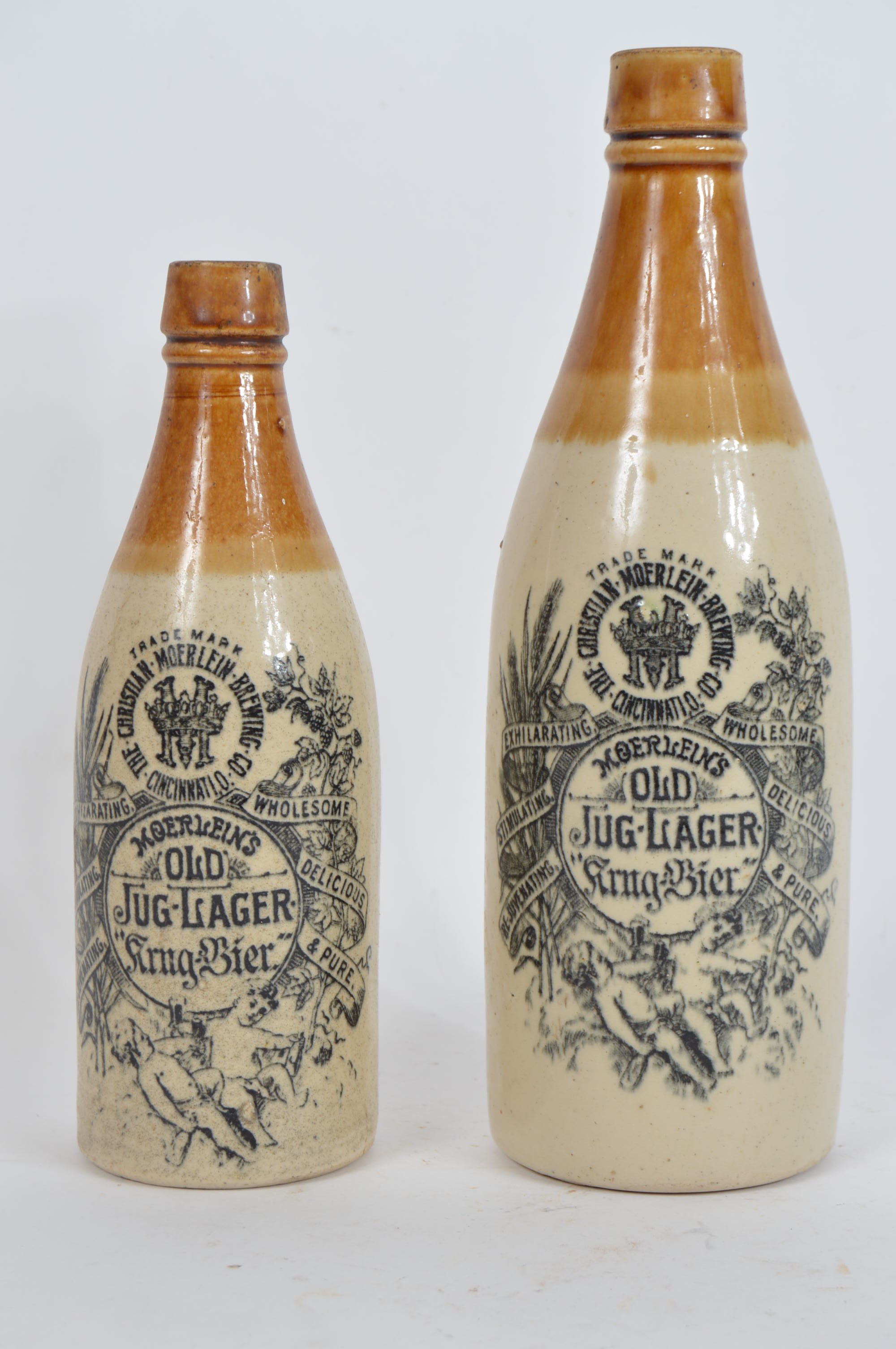Pair of Vintage Moerlein's Old Jug Lager Earthenware Beer Bottles