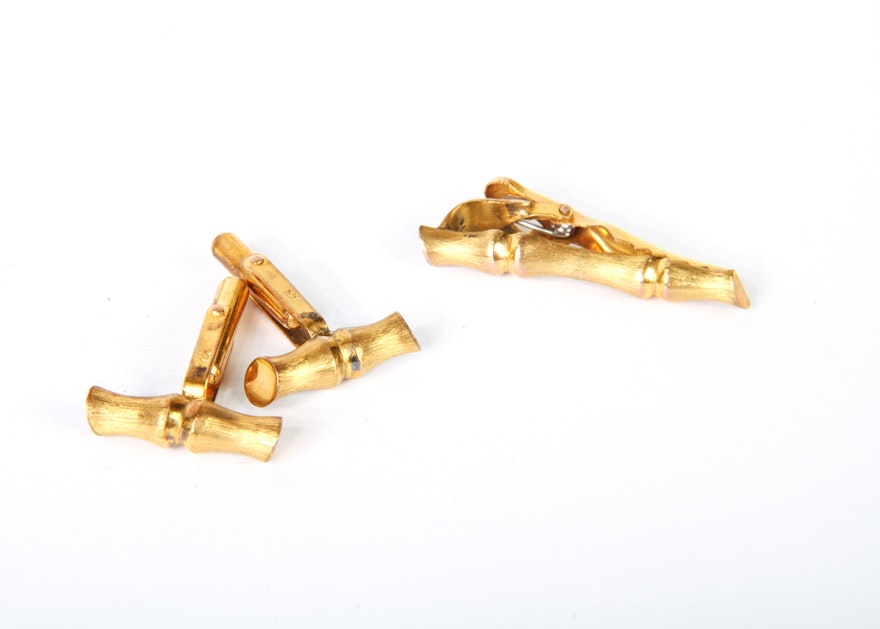 14k Yellow Gold Bamboo Motif Cufflinks with Tie Clip