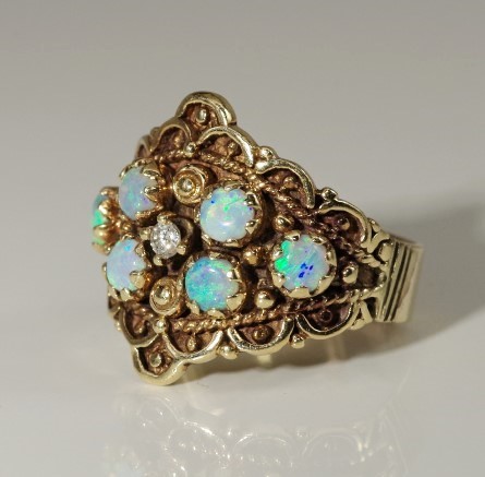 Opal, Diamond, and 14K Yellow Gold Ring