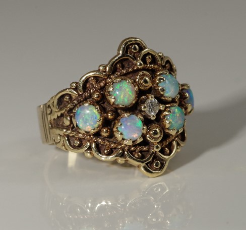 Opal, Diamond, and 14K Yellow Gold Ring