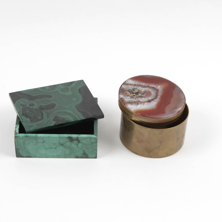 Brass Container with Agate Top and Malachite Box