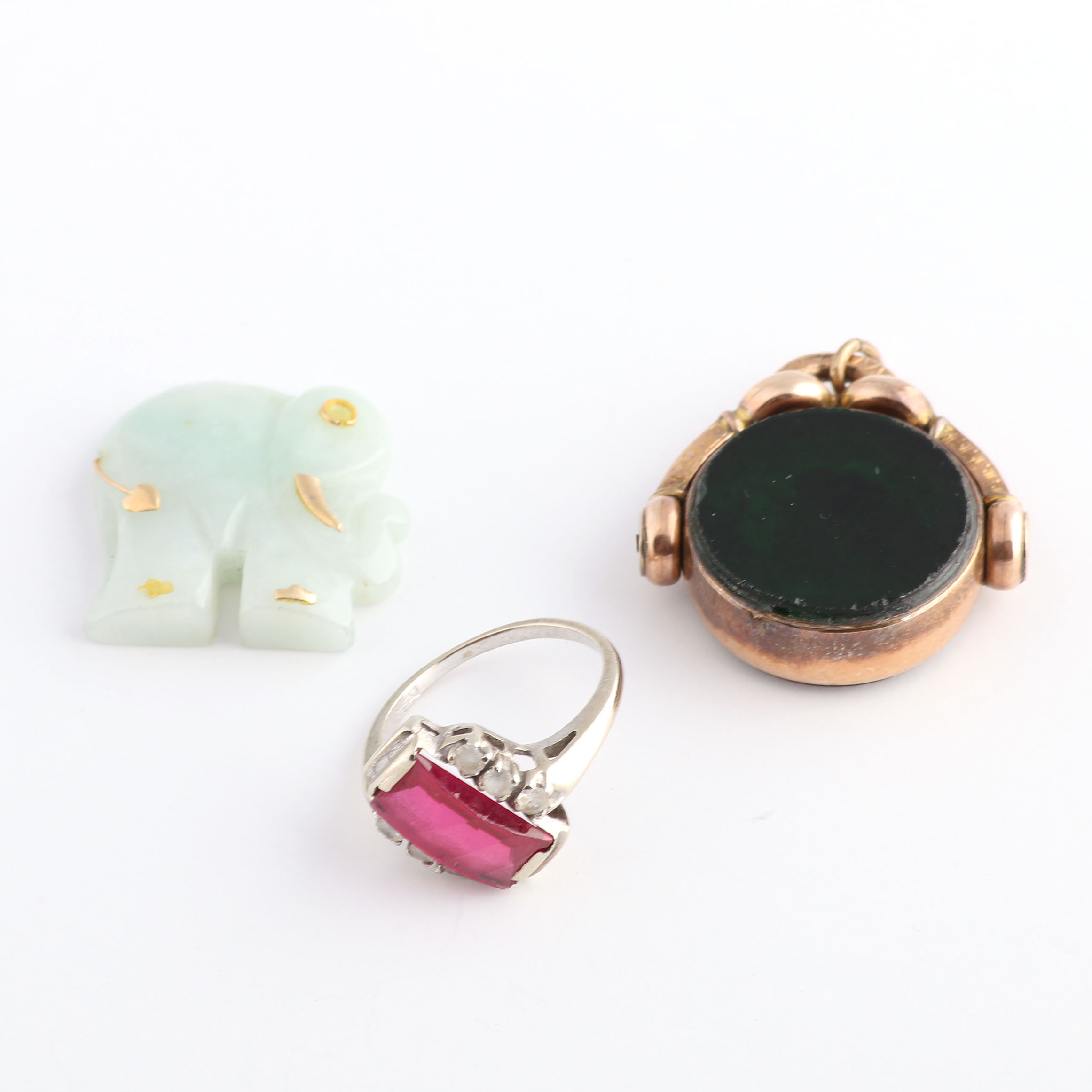 Antique 10K Rose Gold Swivel Fob, Jade Pendant and 10K White Gold Ring