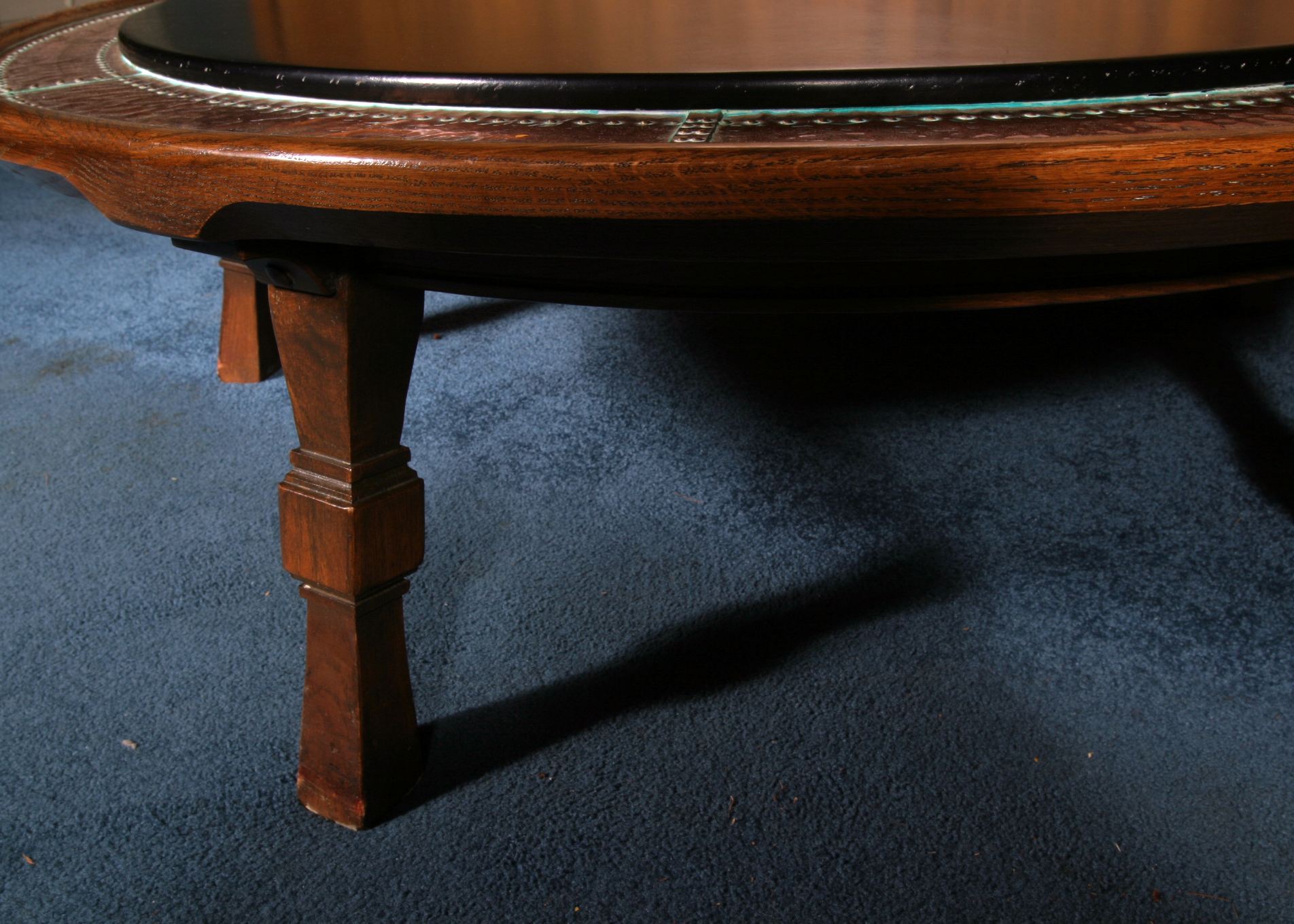 Vintage Romweber Viking Oak Round Leather Top Copper Bound Coffee Table