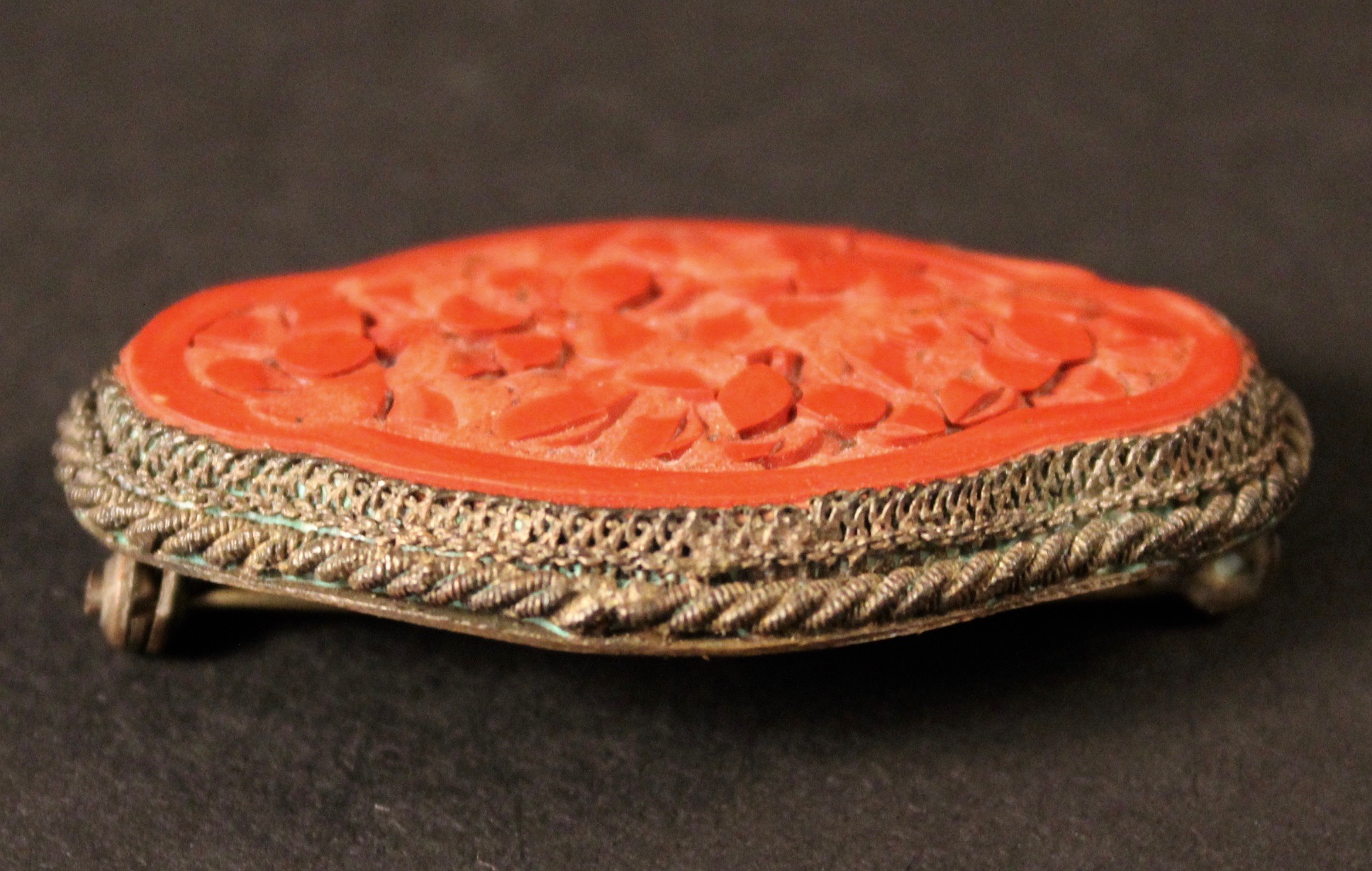 Vintage Carved Cinnabar Brooch