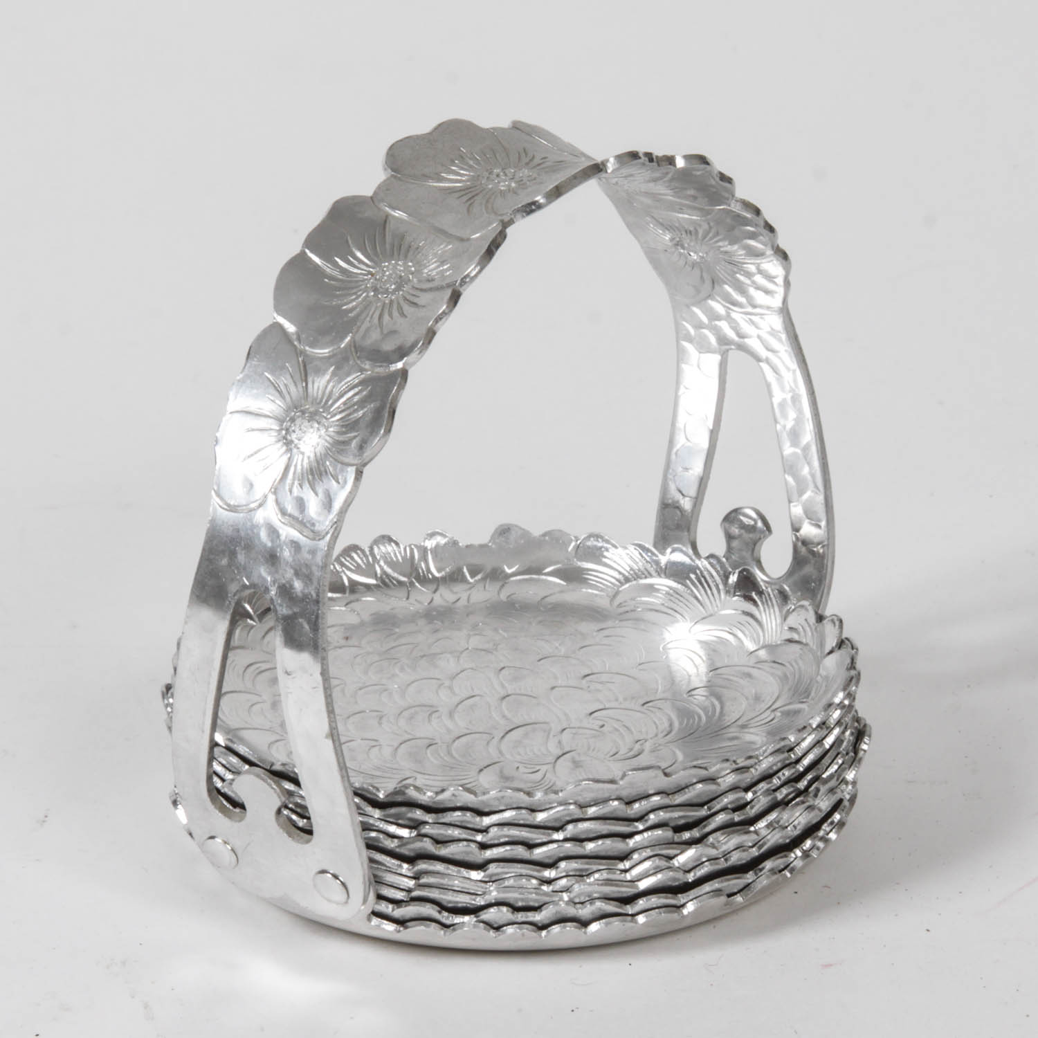 Continental Silver Company "Wild Rose" Pewter Coaster Set