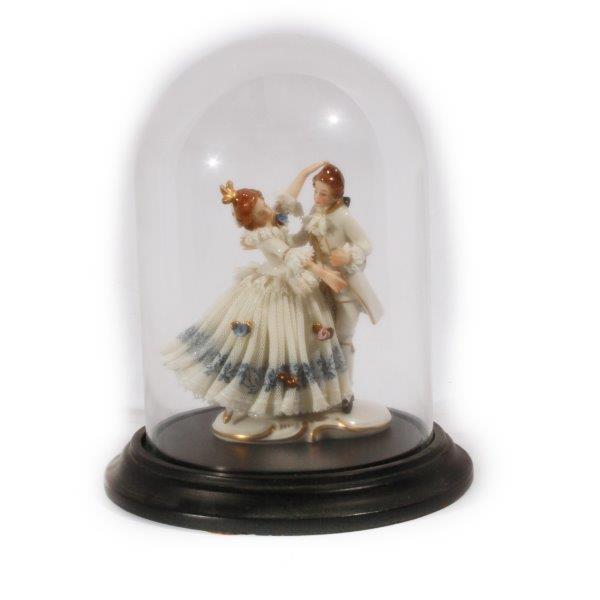 Dresden Lace Dancing Couple Figurine in Glass Display Dome