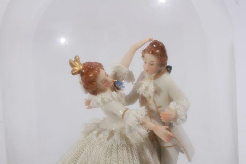 Dresden Lace Dancing Couple Figurine in Glass Display Dome