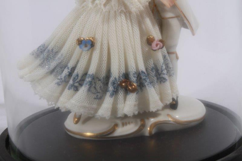 Dresden Lace Dancing Couple Figurine in Glass Display Dome