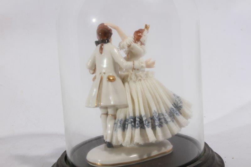 Dresden Lace Dancing Couple Figurine in Glass Display Dome