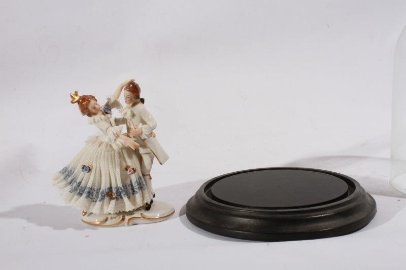 Dresden Lace Dancing Couple Figurine in Glass Display Dome