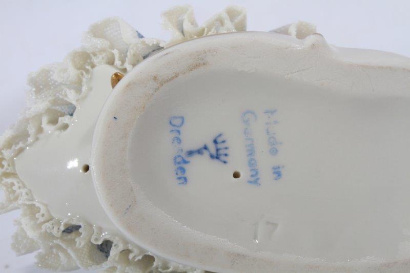 Dresden Lace Dancing Couple Figurine in Glass Display Dome