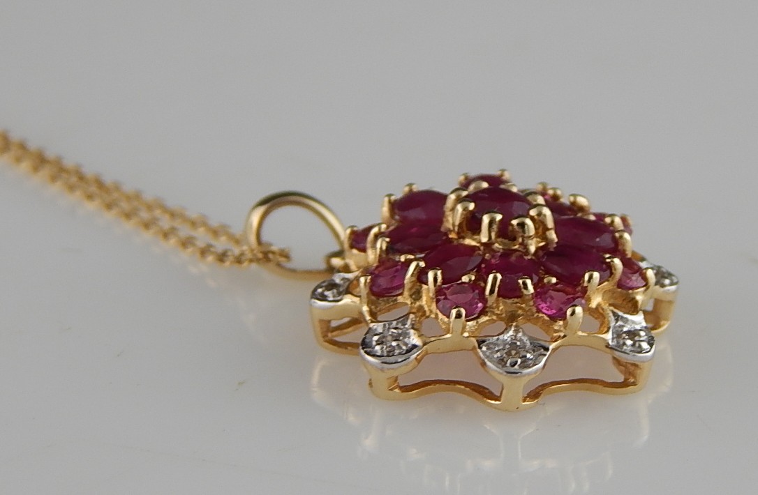 14K YG 18" Ruby, Synthetic Ruby, and Diamond Cluster Pendant