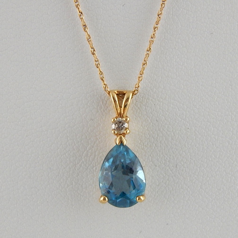 14K YG Chain Necklace with Blue Topaz and Diamond Pendant