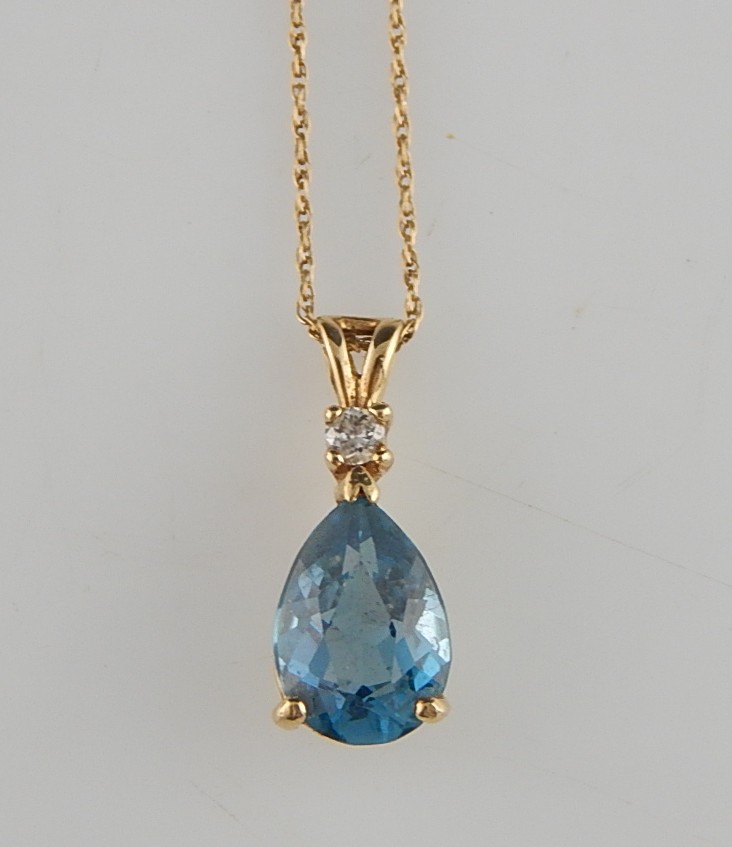 14K YG Chain Necklace with Blue Topaz and Diamond Pendant
