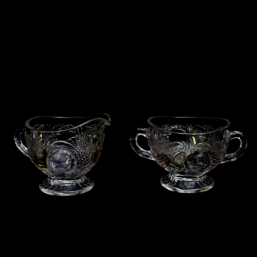 Vintage Pressed Glass Sugar and Creamer Dish with Grape Design