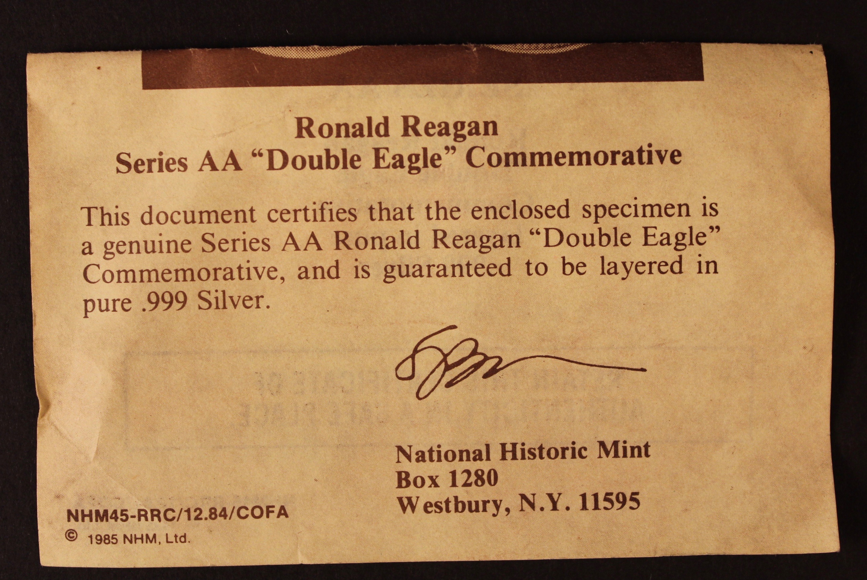 Series AA Double Eagle 1984 Ronald Reagan Commemorative Coin