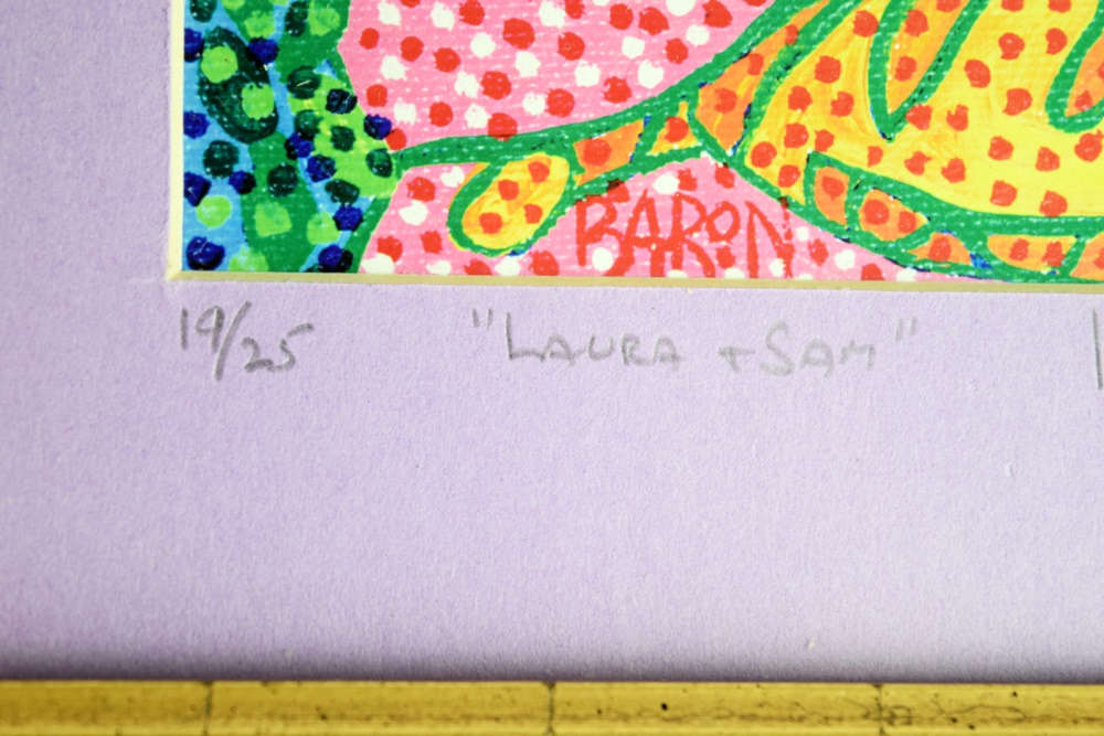 Whimsical Jack Baron Colorful Silkscreen Titled "Laura & Sam", Signed and Dated