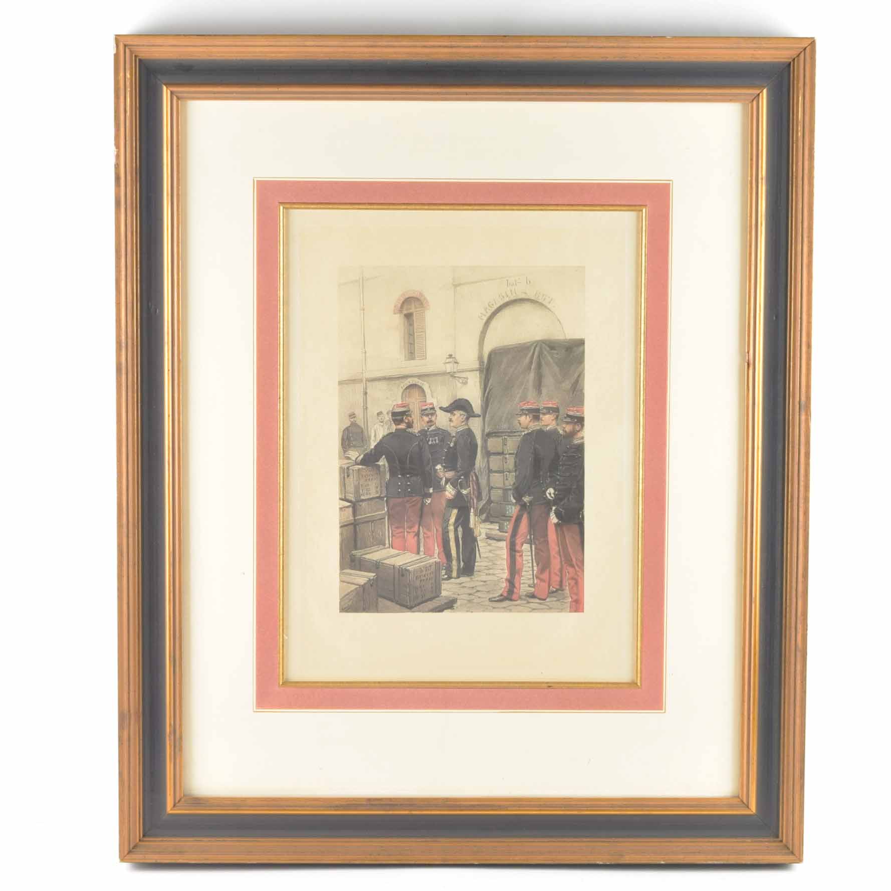 Framed Antique French Hand-Colored Print with Aquatint of French Soldiers