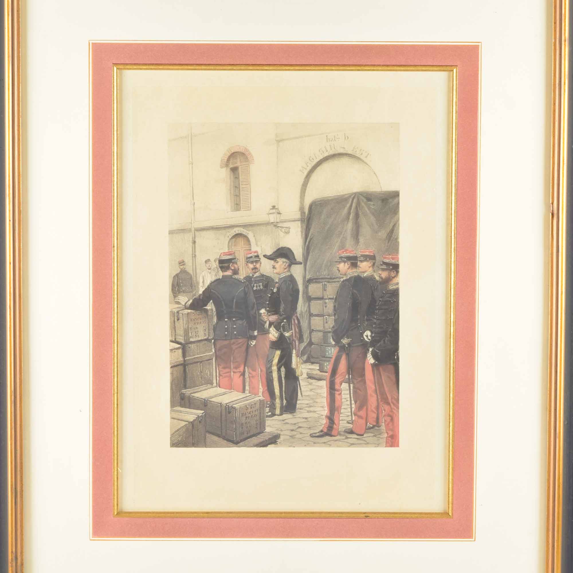 Framed Antique French Hand-Colored Print with Aquatint of French Soldiers