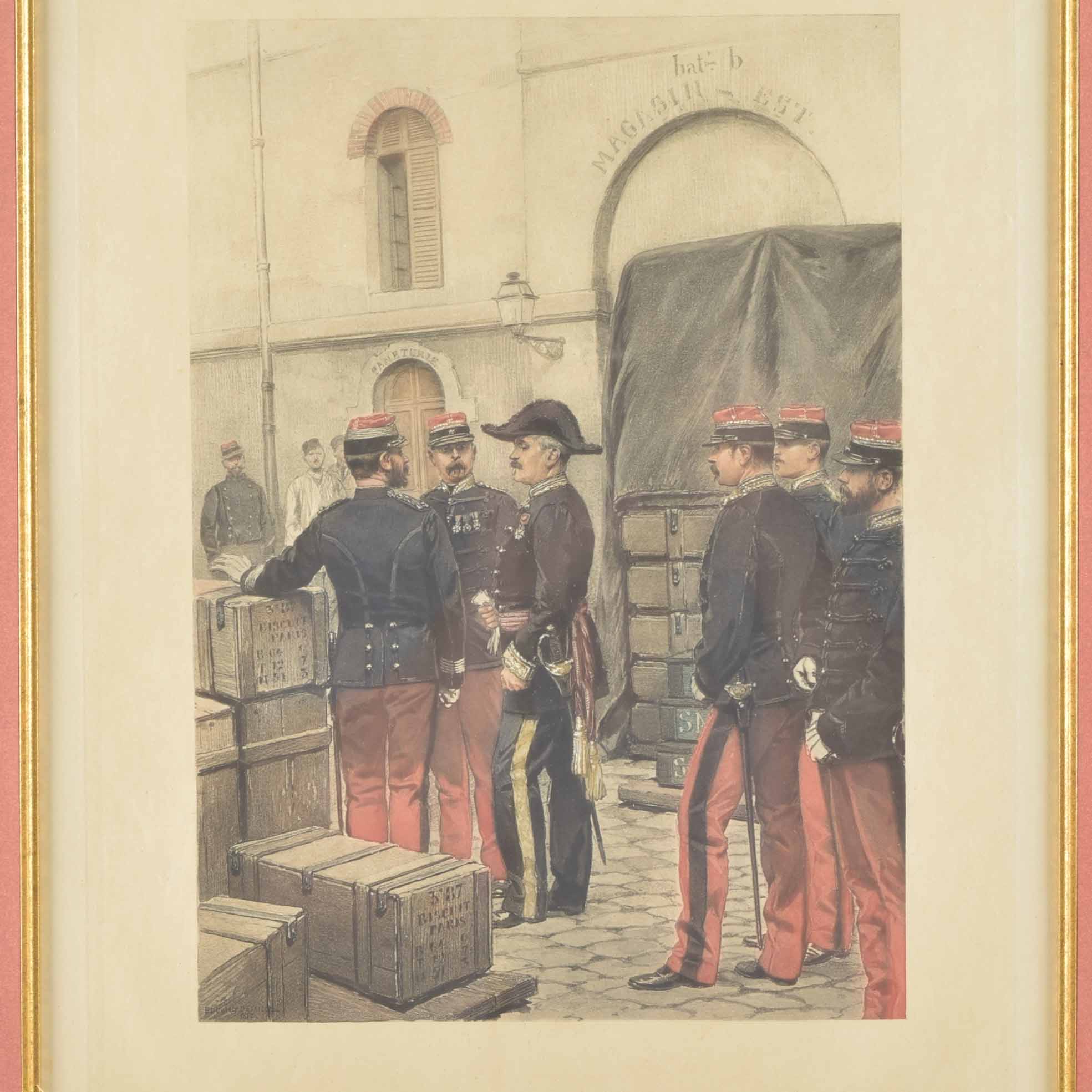 Framed Antique French Hand-Colored Print with Aquatint of French Soldiers