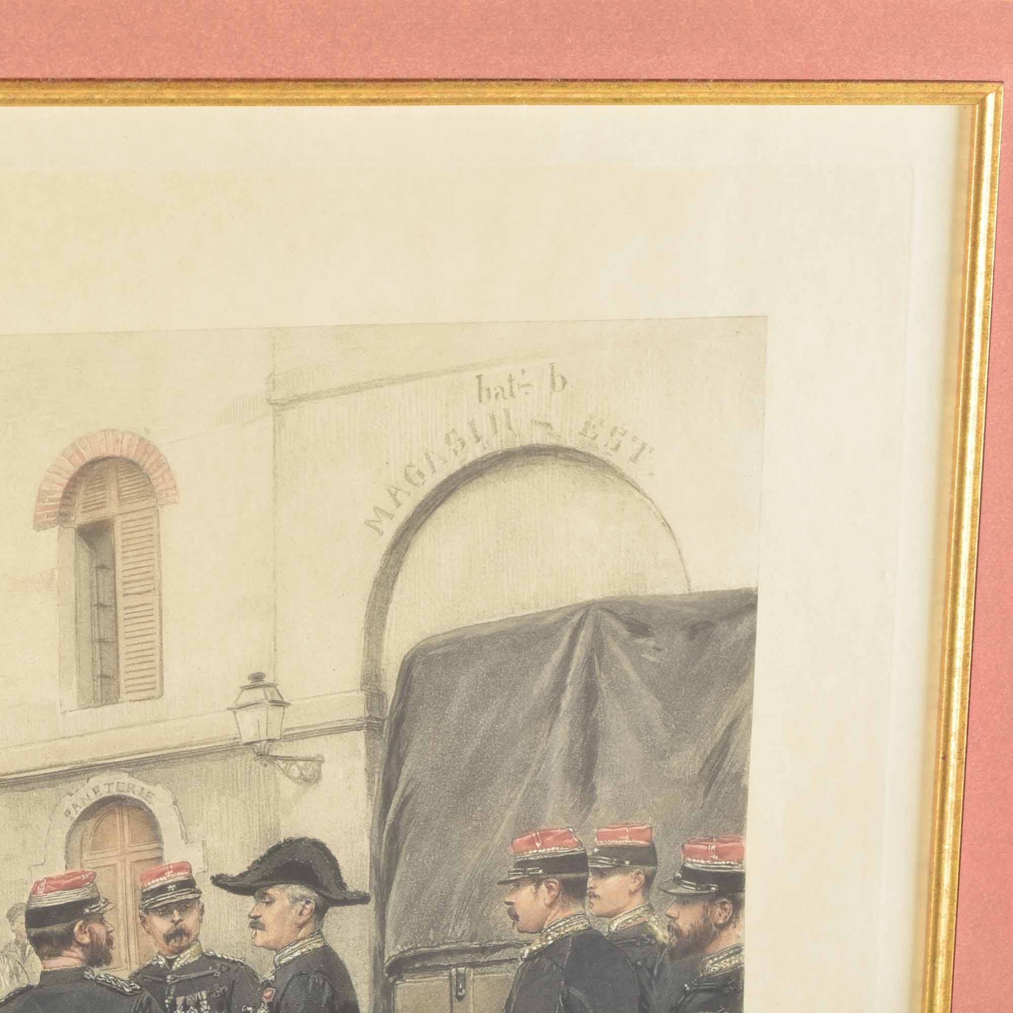 Framed Antique French Hand-Colored Print with Aquatint of French Soldiers