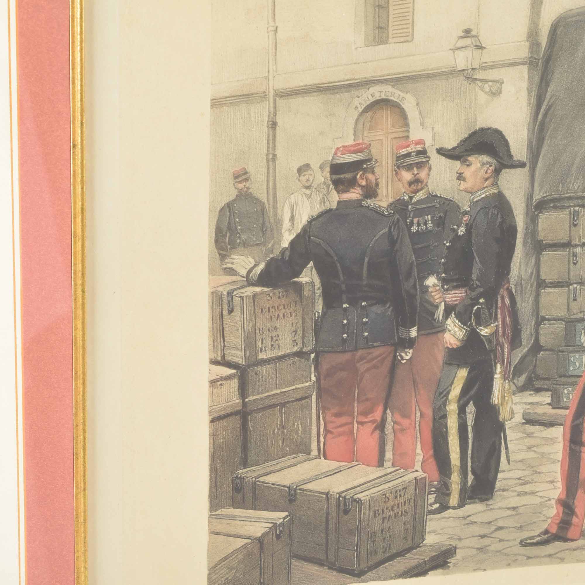 Framed Antique French Hand-Colored Print with Aquatint of French Soldiers