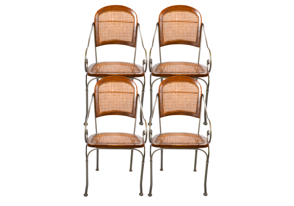 Four Caned Wrought Iron Chairs