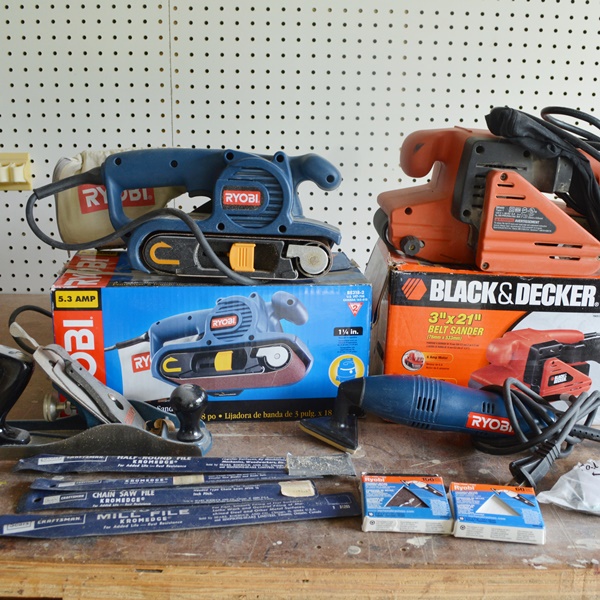 Ryobi and Black & Decker Belt Sanders, Manual Plane, Ryobi Triangle Sander,  and Files