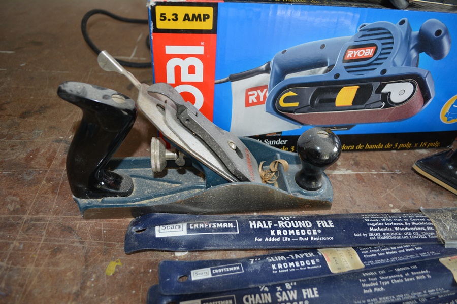 Ryobi and Black & Decker Belt Sanders, Manual Plane, Ryobi Triangle Sander,  and Files