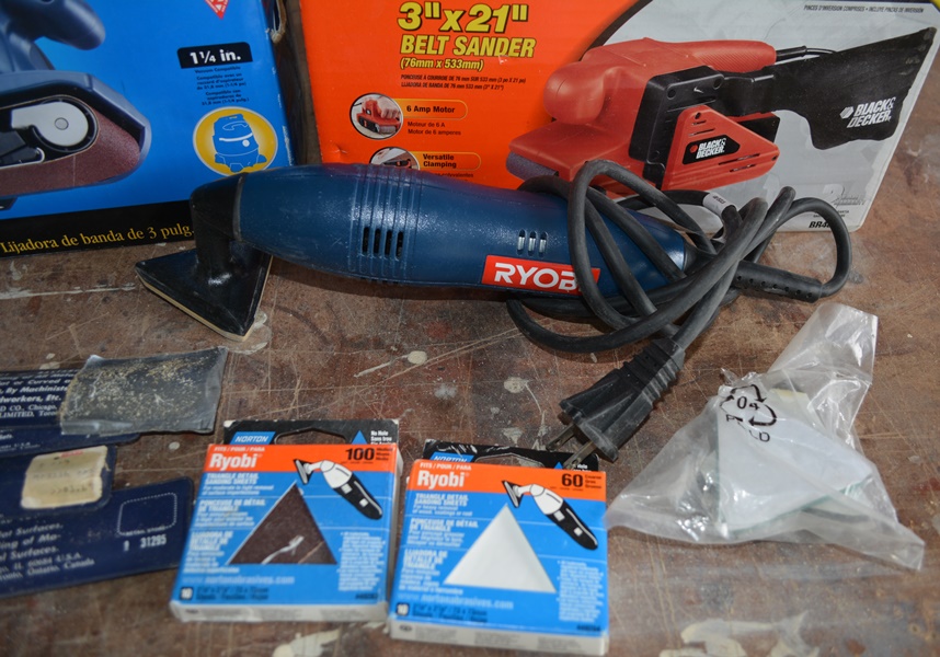 Ryobi and Black & Decker Belt Sanders, Manual Plane, Ryobi Triangle Sander,  and Files