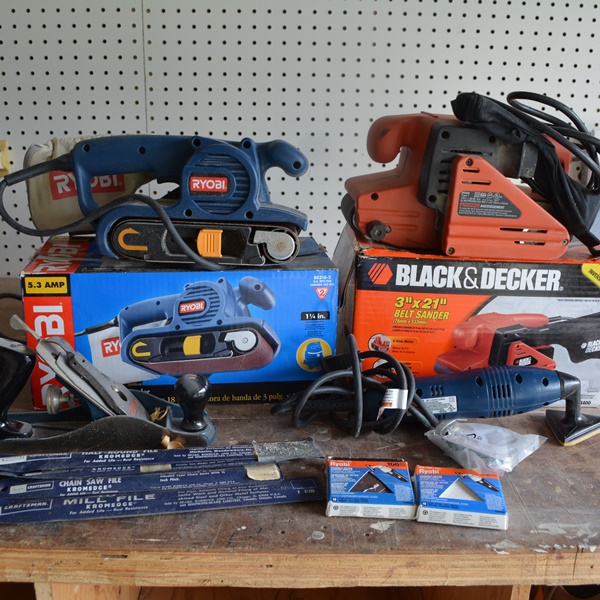 Ryobi and Black & Decker Belt Sanders, Manual Plane, Ryobi Triangle Sander,  and Files