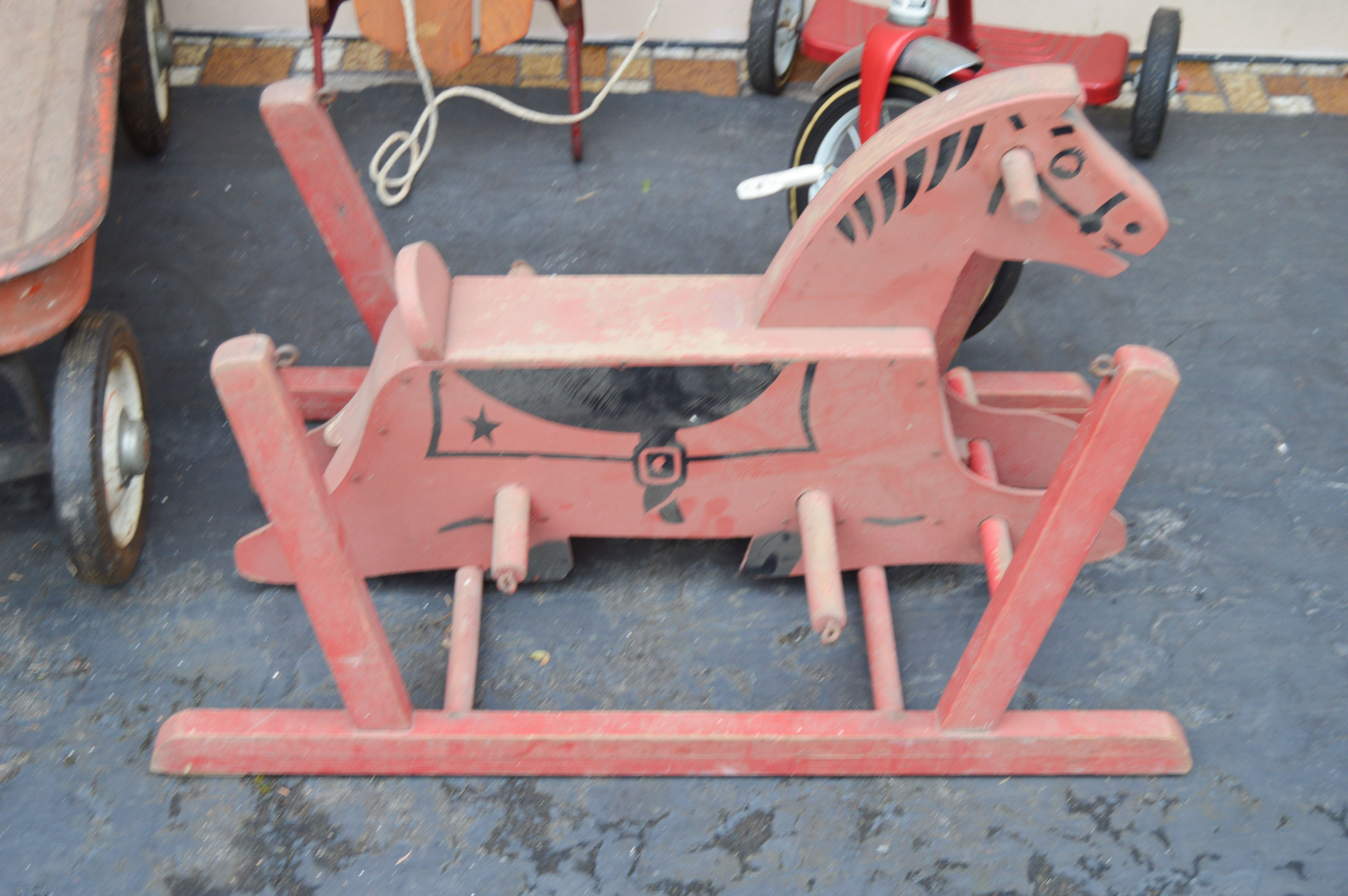 Vintage Radio Flyer Wagon, Flexible Flyer Model 51J Sled, Roadmaster Tricycle and Red Bouncy Horse