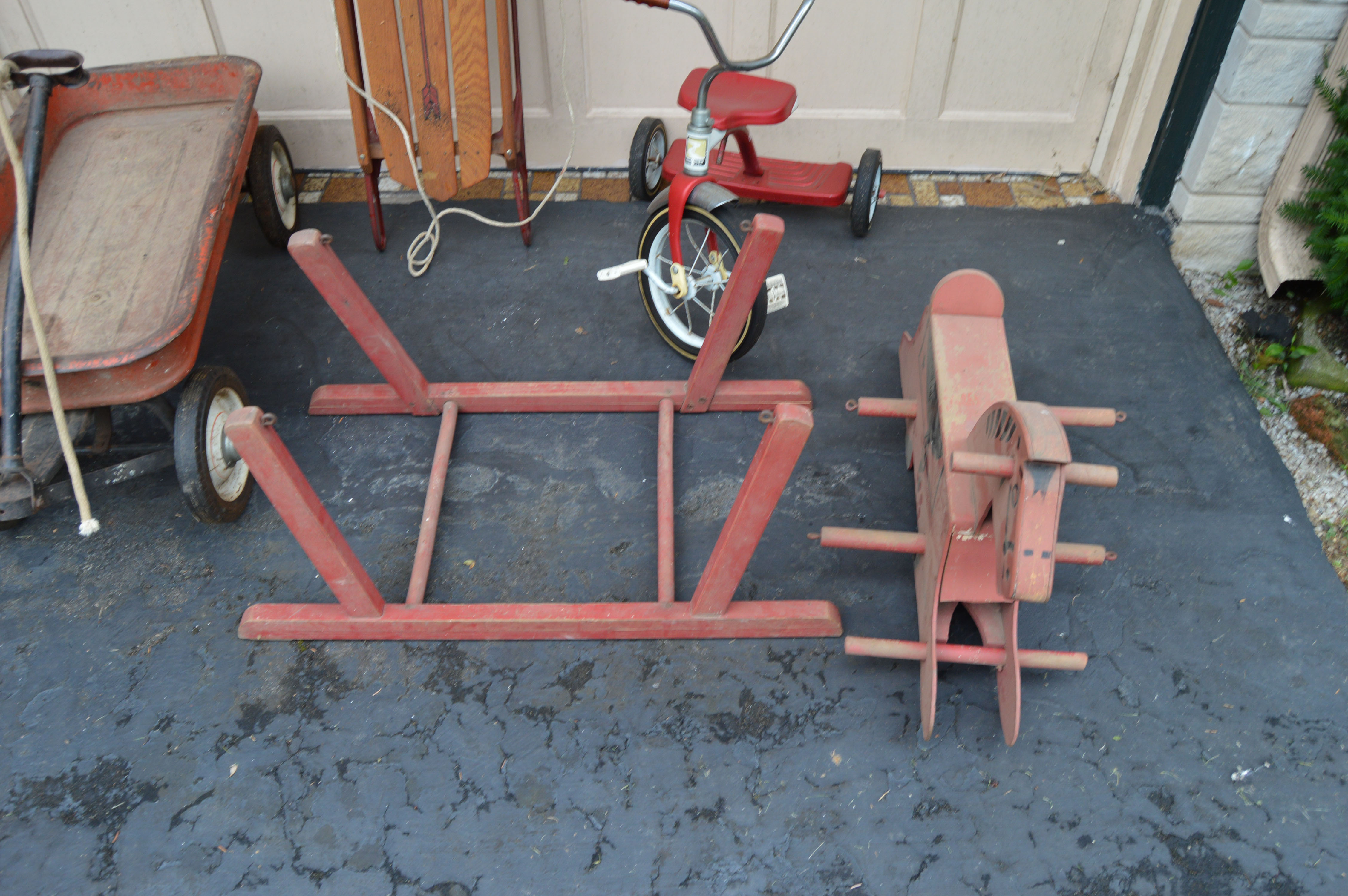 Vintage Radio Flyer Wagon, Flexible Flyer Model 51J Sled, Roadmaster Tricycle and Red Bouncy Horse