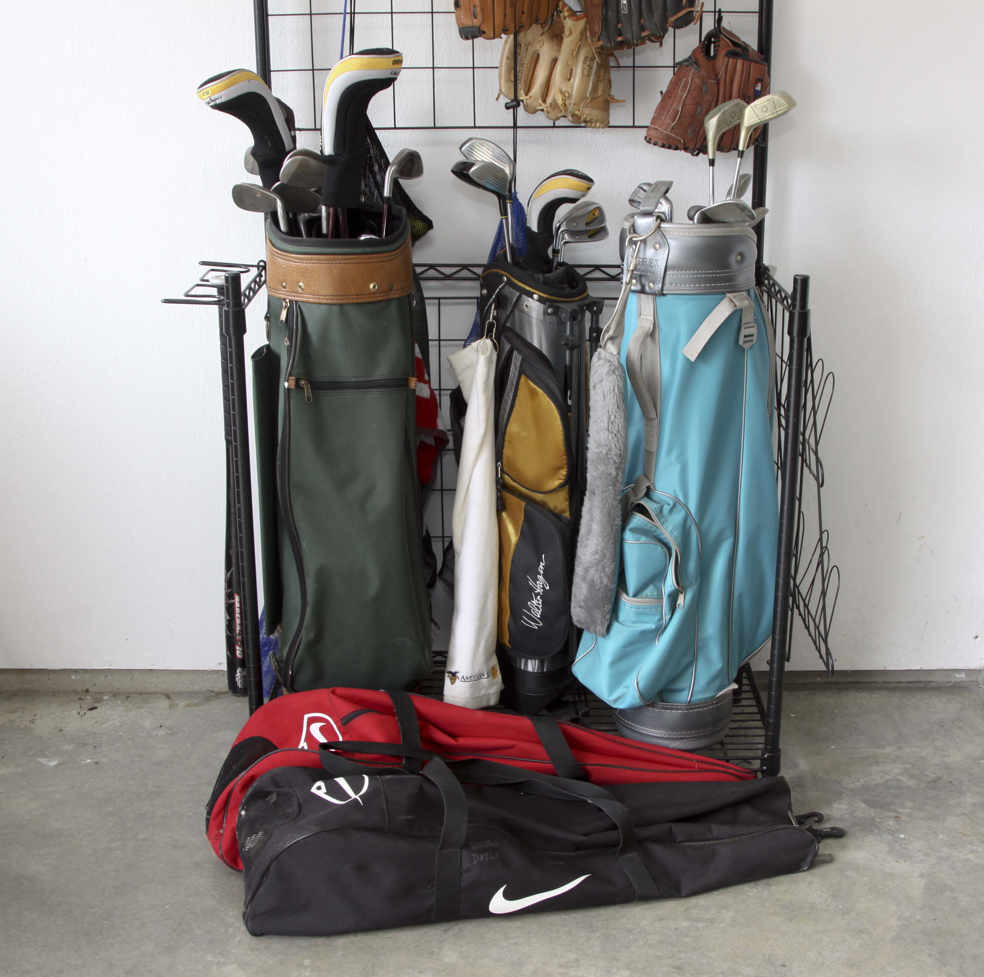 Golf Clubs and Sporting Goods with Storage Rack