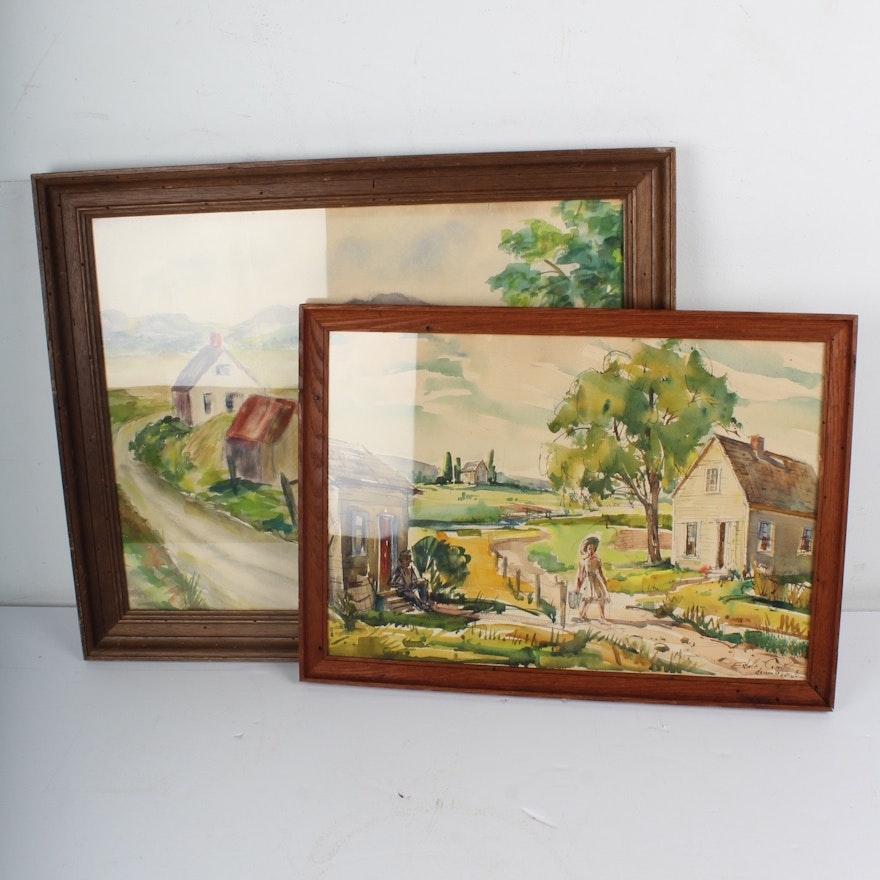 Pair of Vintage Watercolor Landscape Paintings on Paper