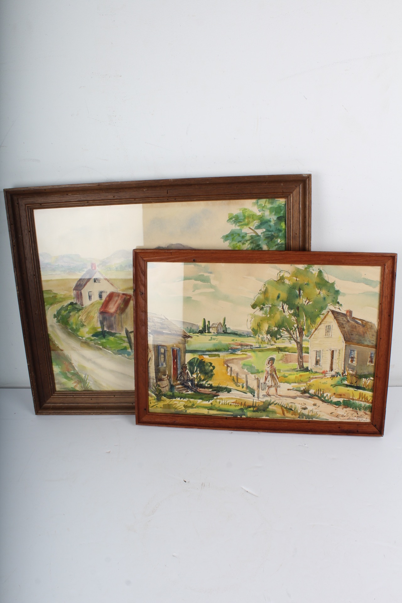 Pair of Vintage Watercolor Landscape Paintings on Paper