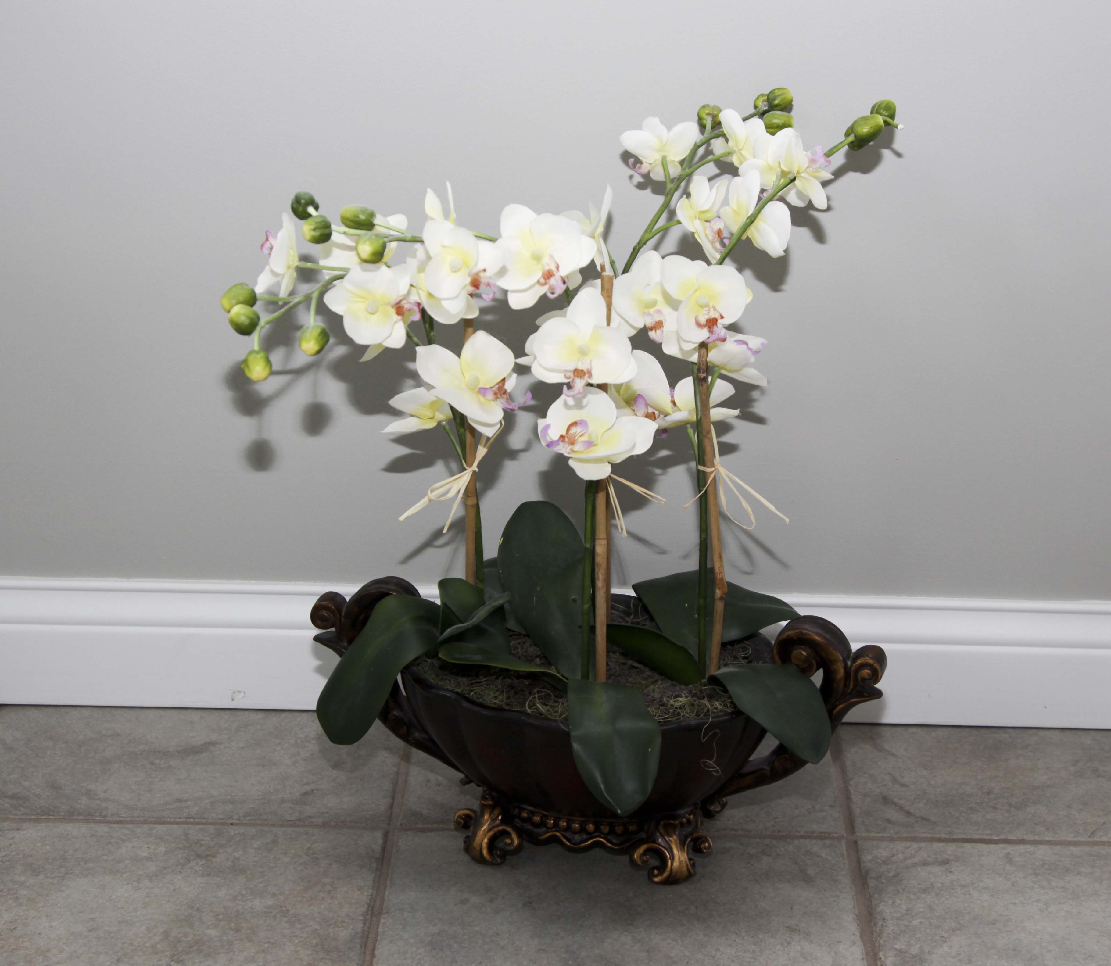 Faux Floral Decor including a Topiary and Centerpiece
