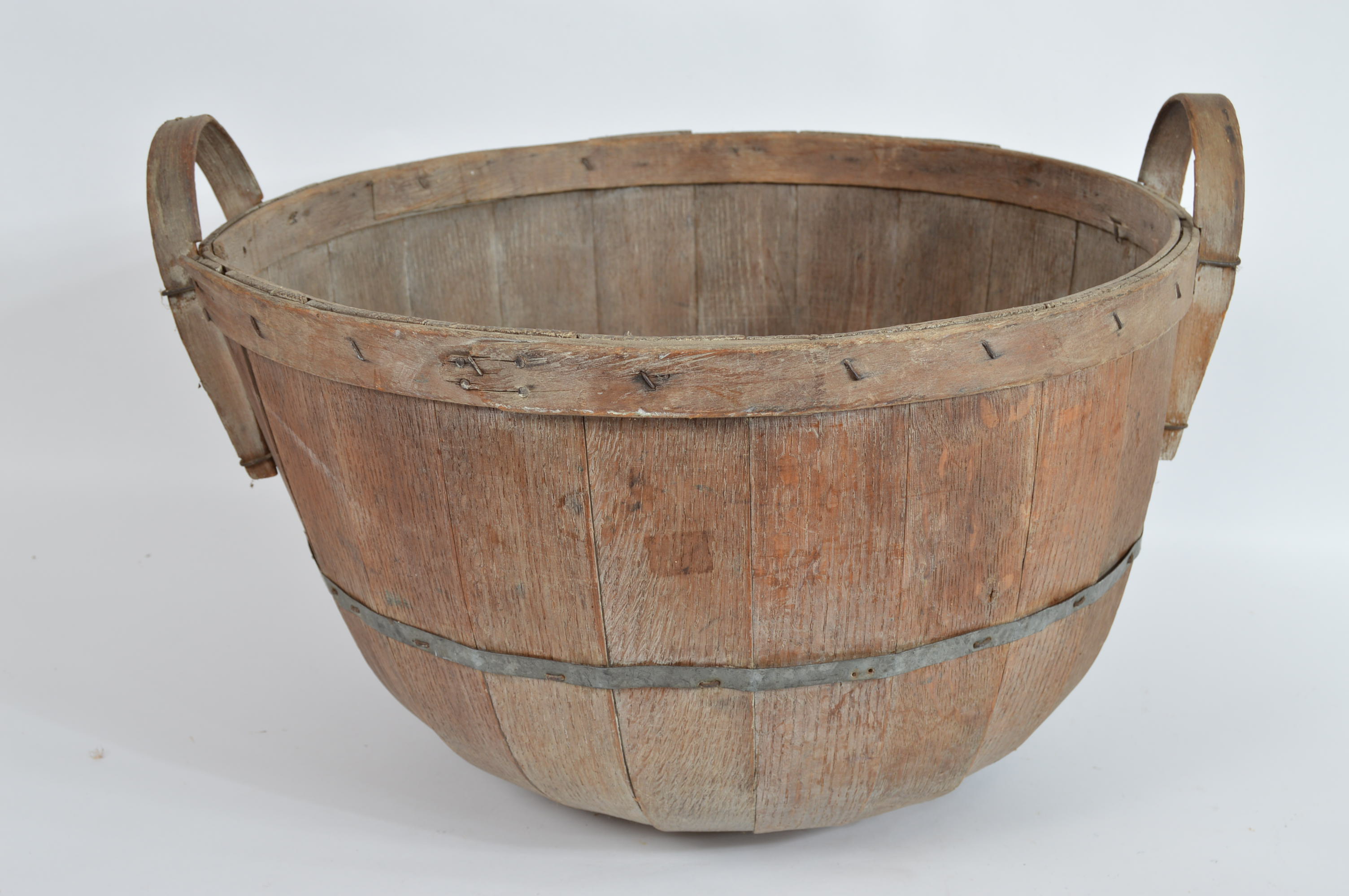 Vintage Half Round Split Wood Apple Basket with Two Handles