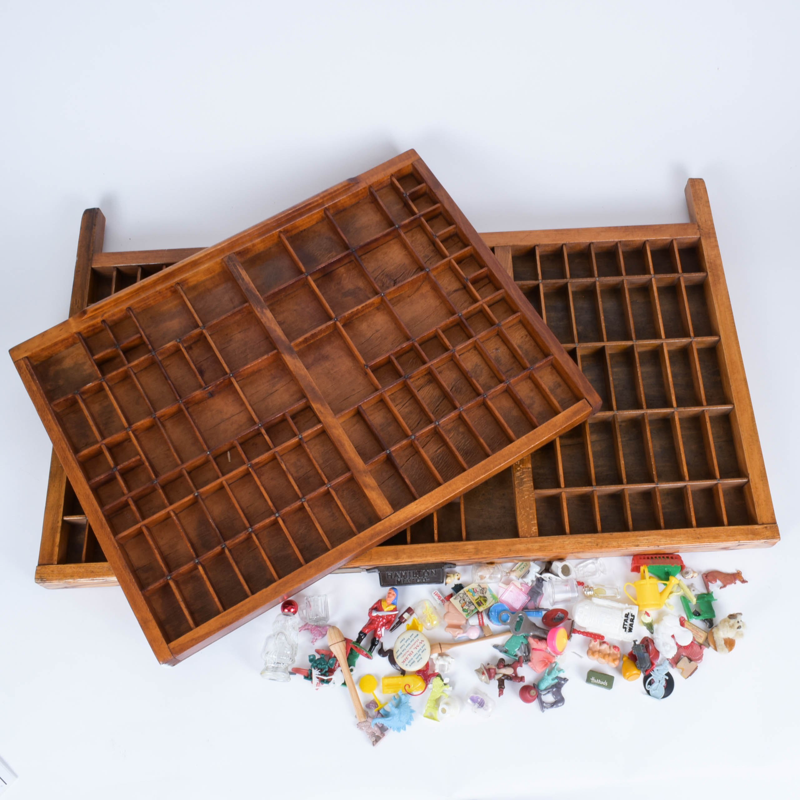 Pair of Antique Printer's Trays with Miniatures