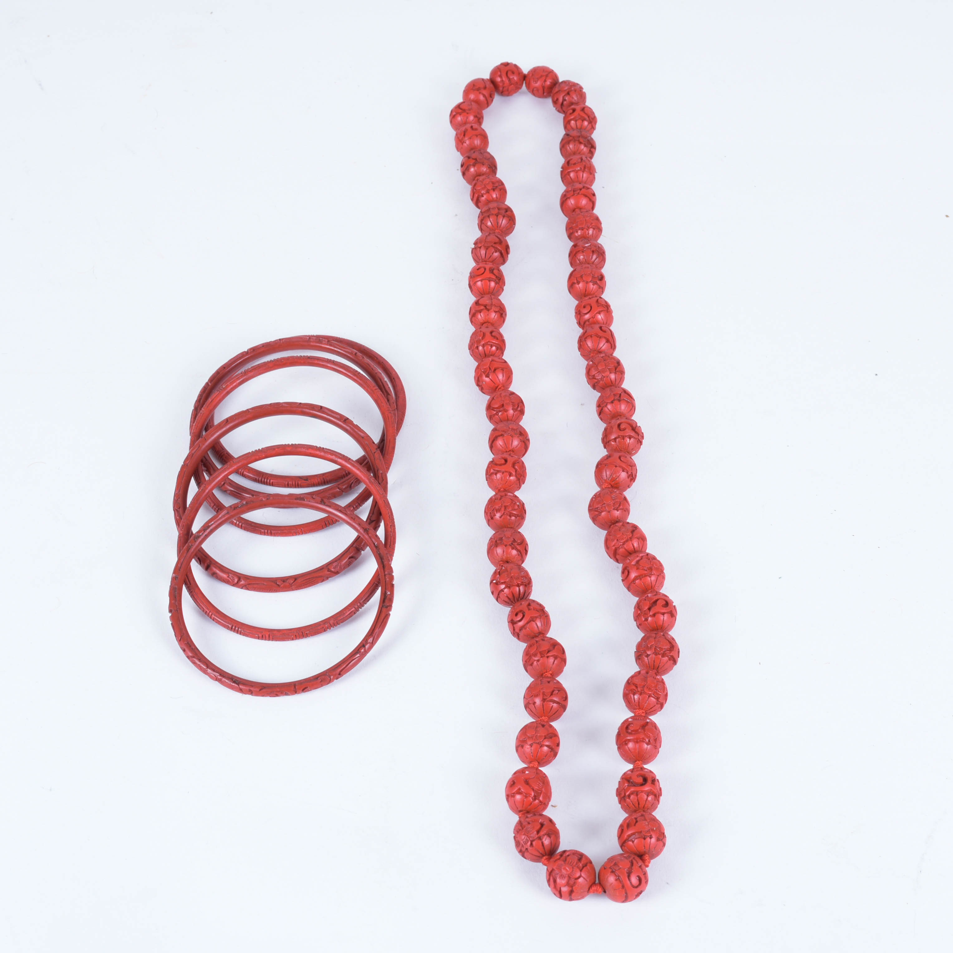 Carved Cinnabar Necklace and Bangle Bracelet Ensemble