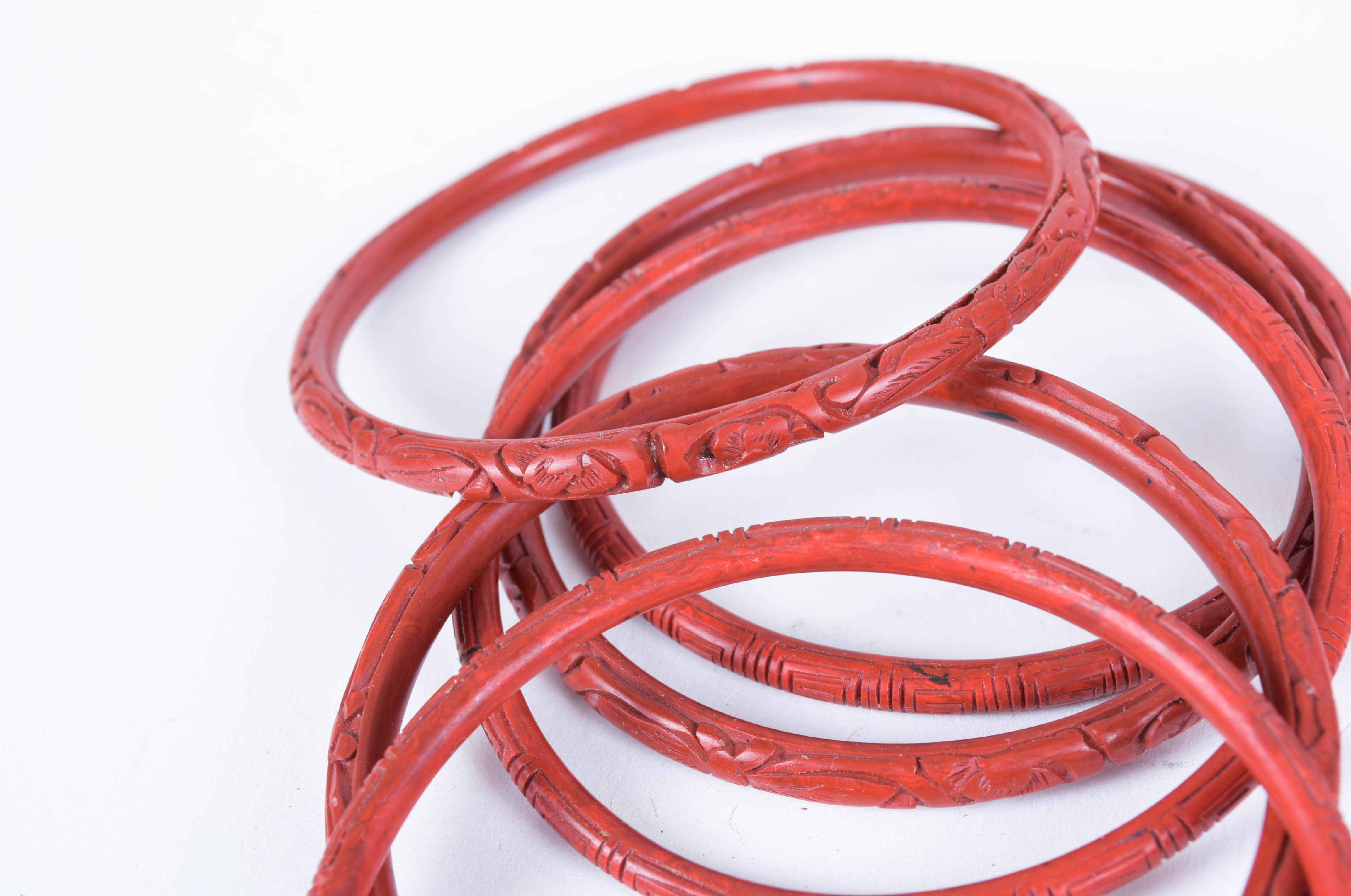 Carved Cinnabar Necklace and Bangle Bracelet Ensemble