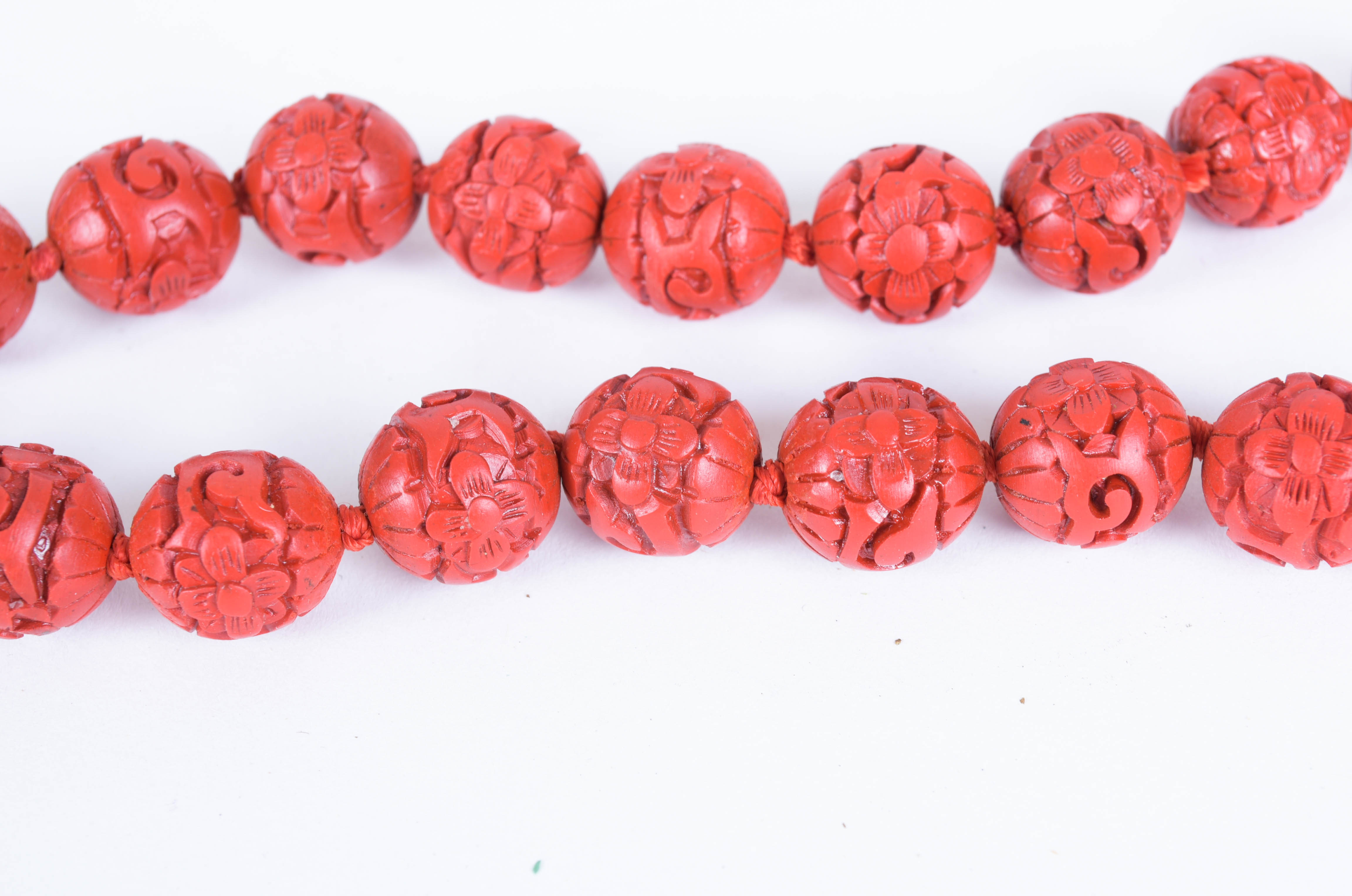 Carved Cinnabar Necklace and Bangle Bracelet Ensemble