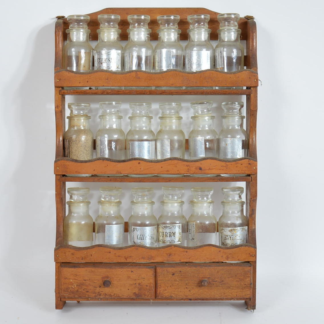 Vintage Wooden Spice Rack and Glass Spice Jars