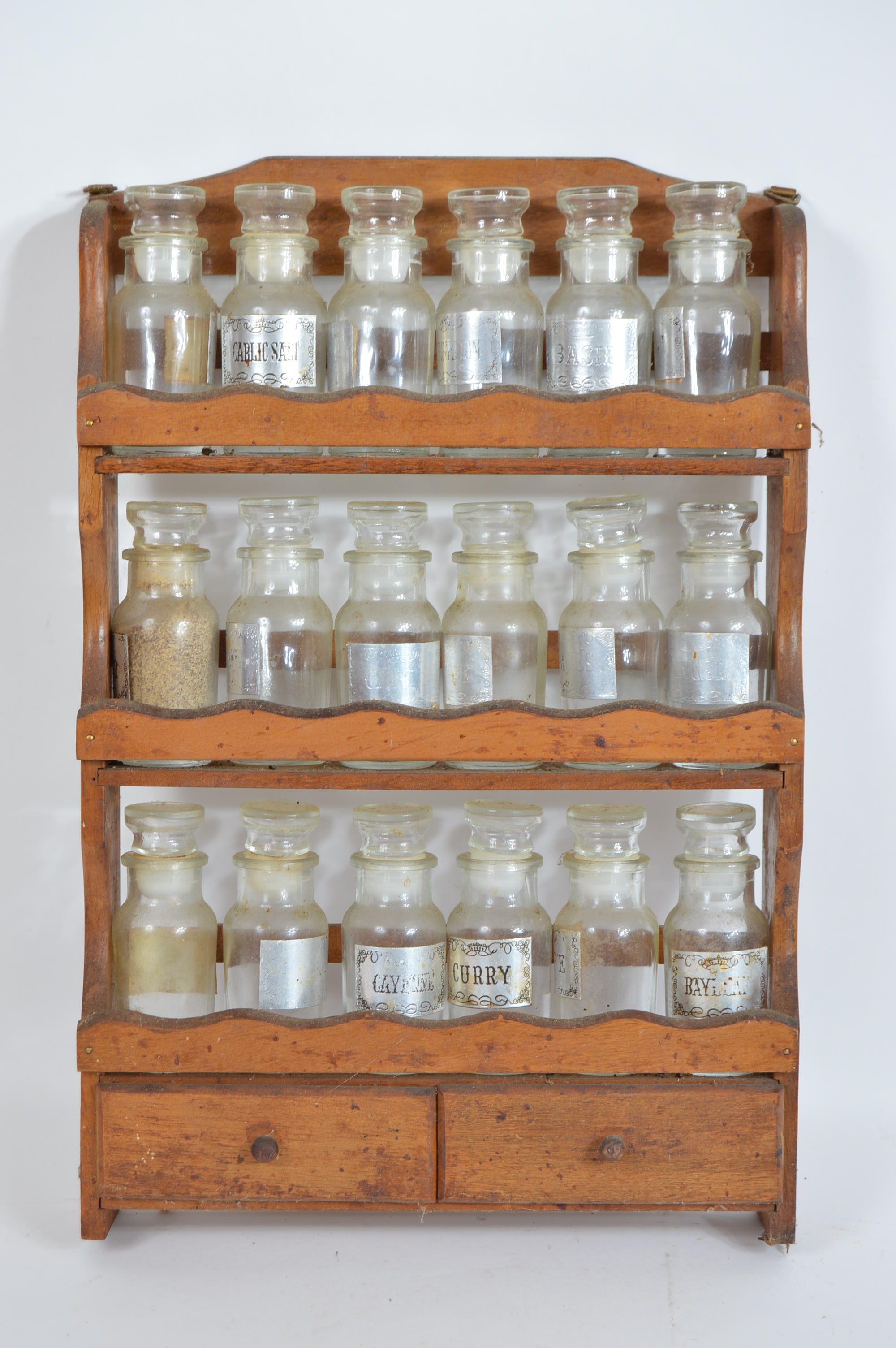Vintage Wooden Spice Rack and Glass Spice Jars