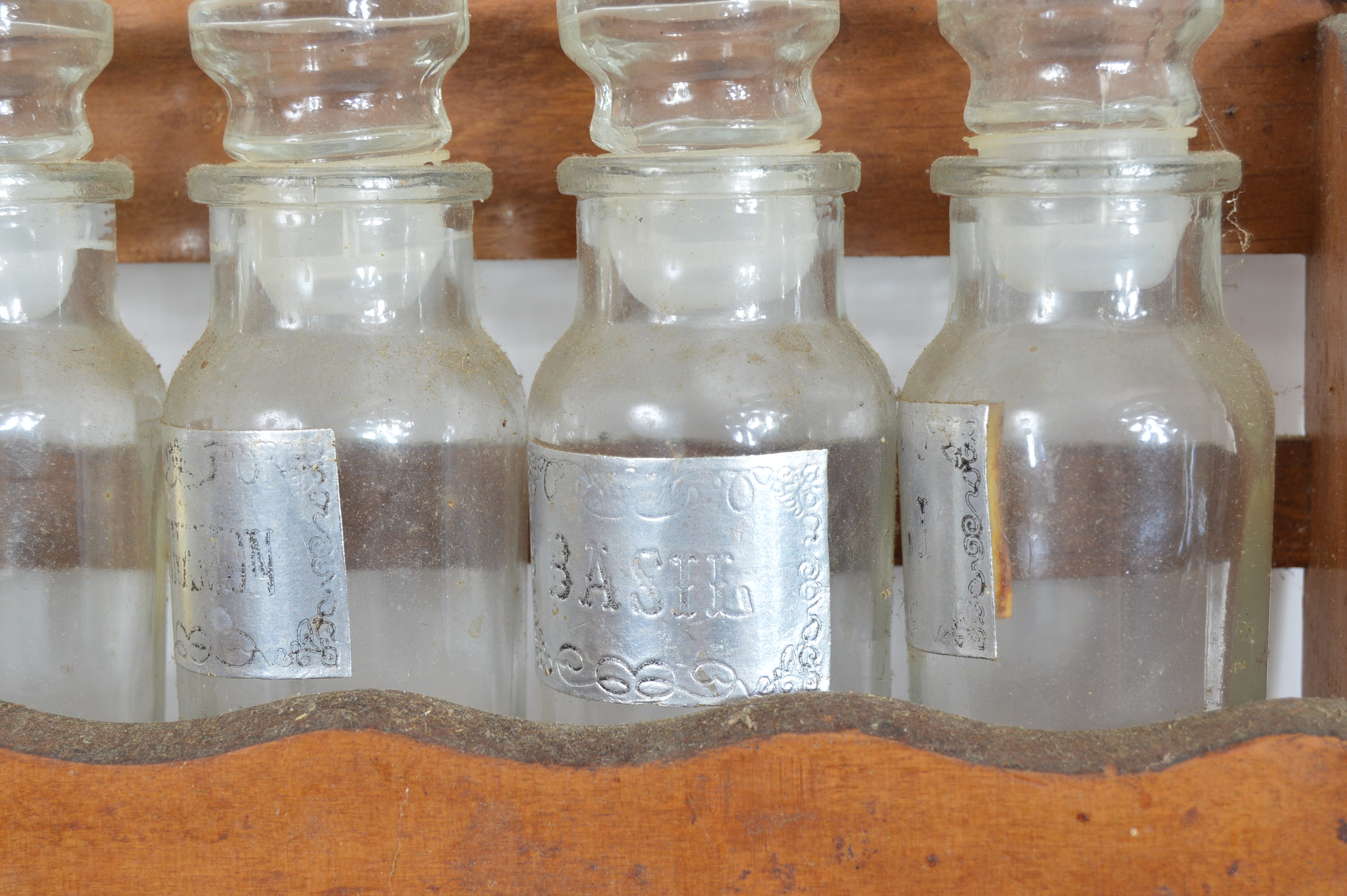 Vintage Wooden Spice Rack and Glass Spice Jars