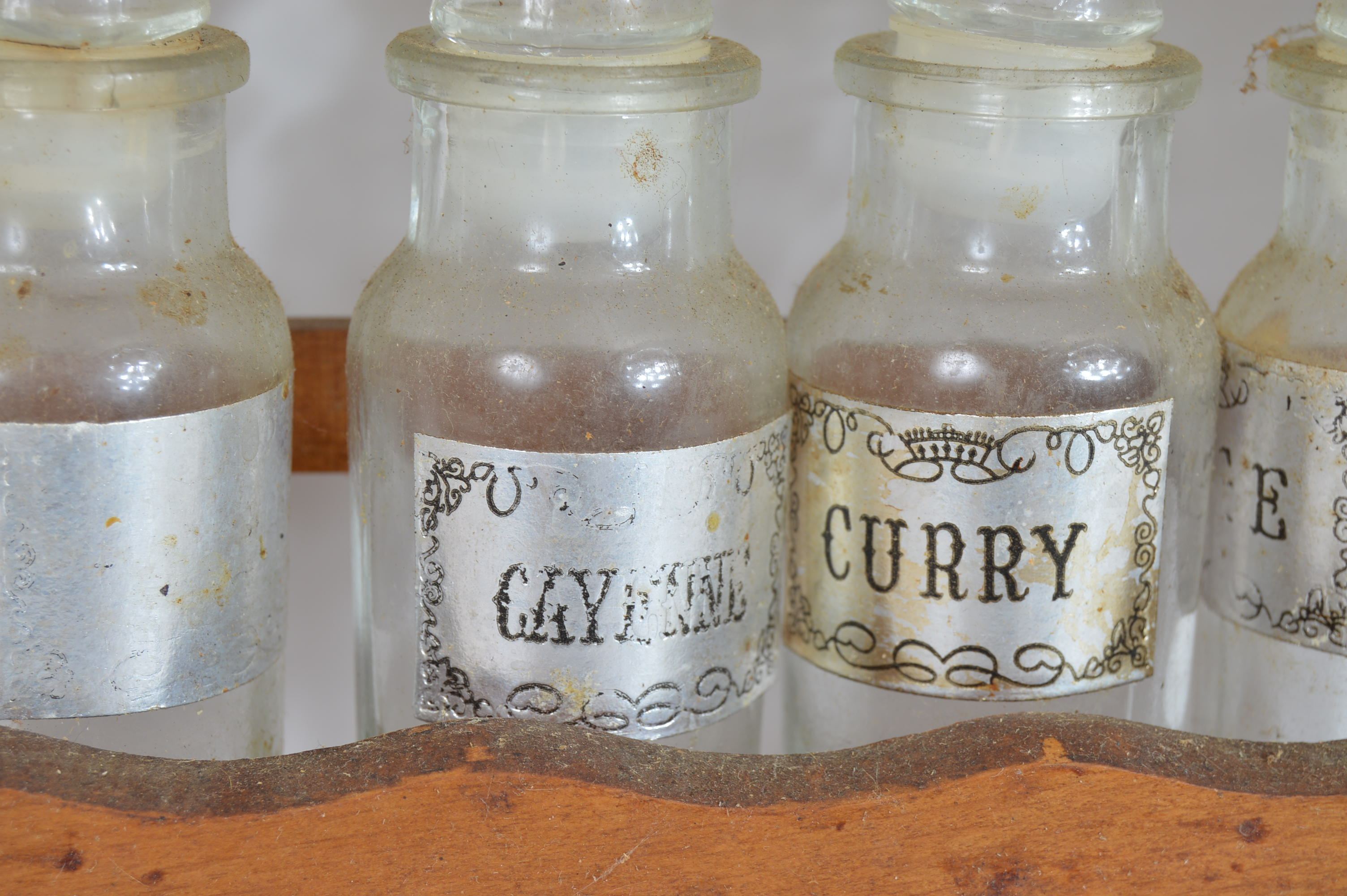 Vintage Wooden Spice Rack and Glass Spice Jars