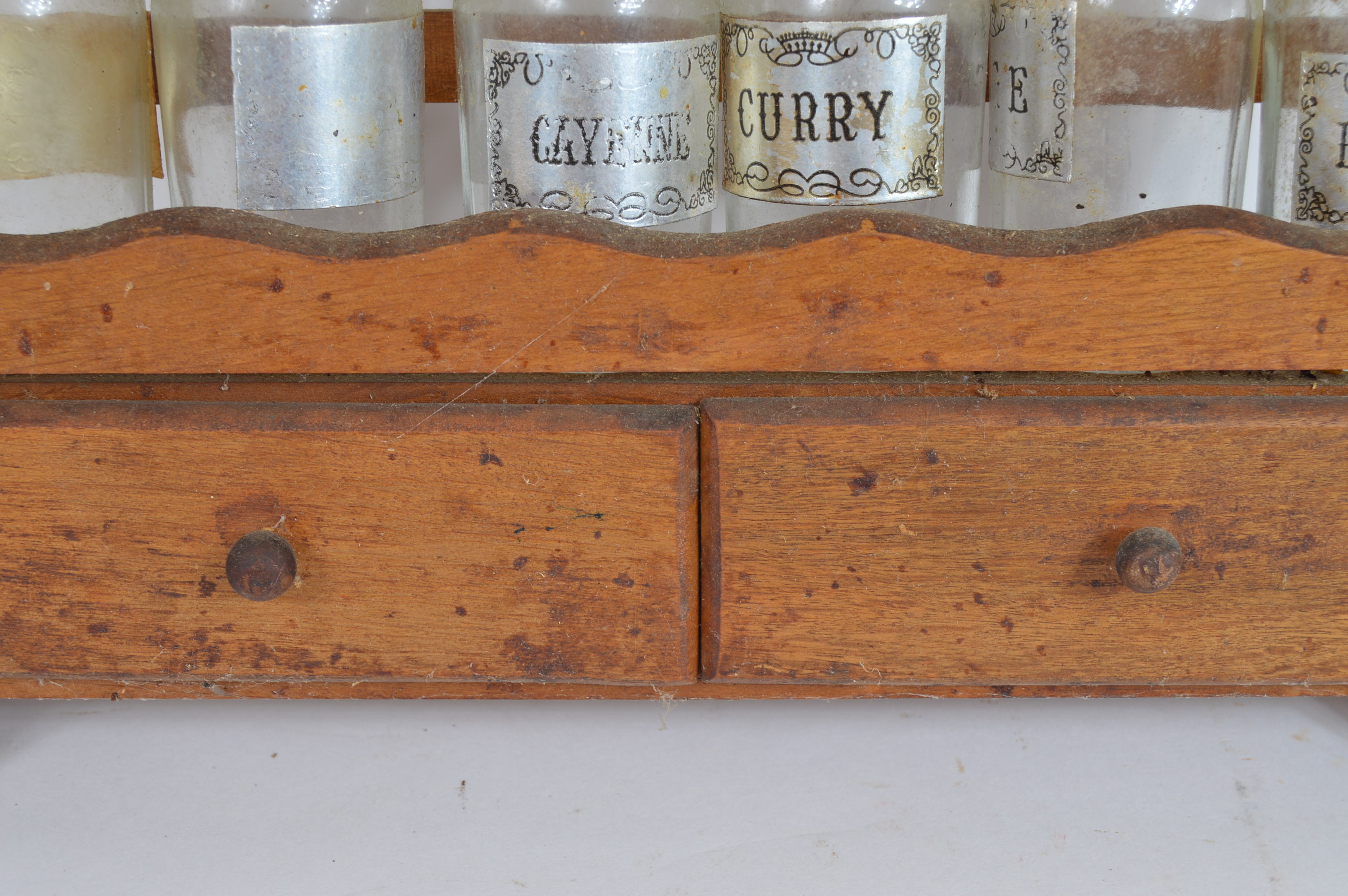 Vintage Wooden Spice Rack and Glass Spice Jars
