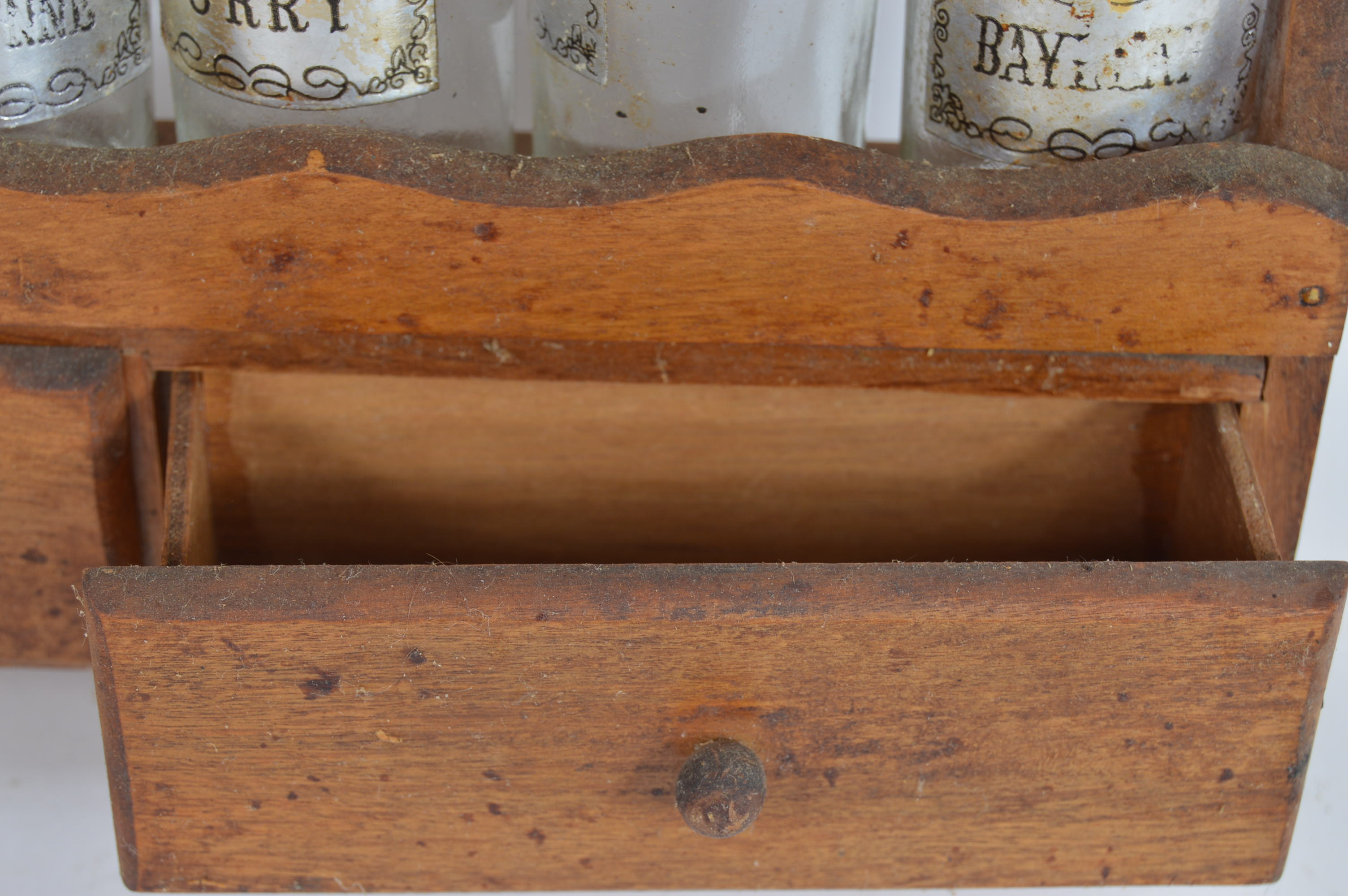 Vintage Wooden Spice Rack and Glass Spice Jars