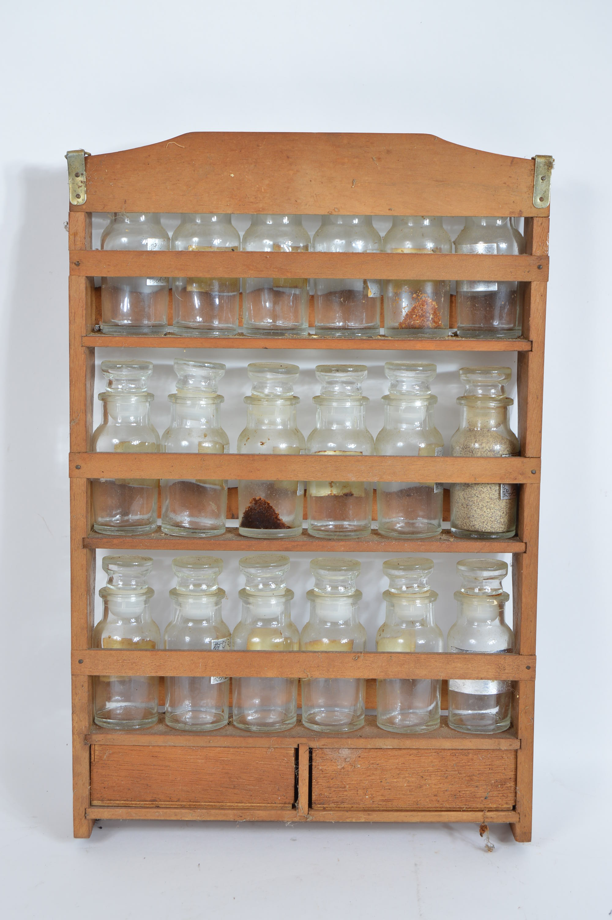 Vintage Wooden Spice Rack and Glass Spice Jars